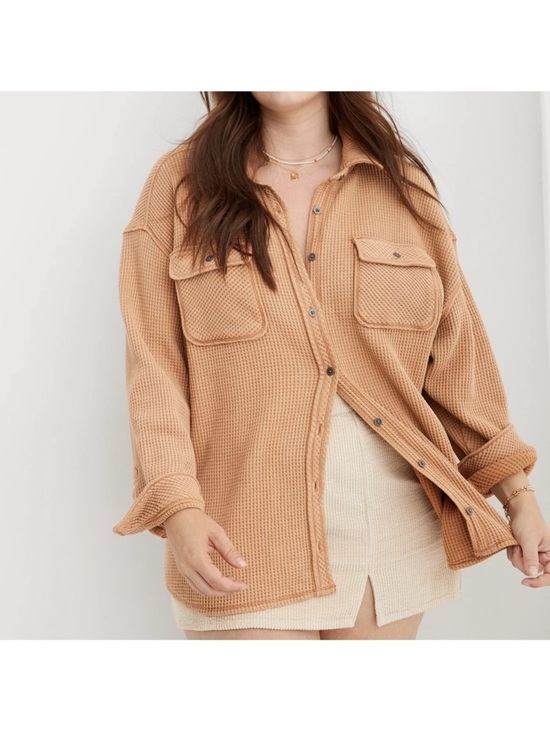 aerie Tops - Aerie LumberJane Waffle Knit Shacket XXL Cozy Button Shirt Tan